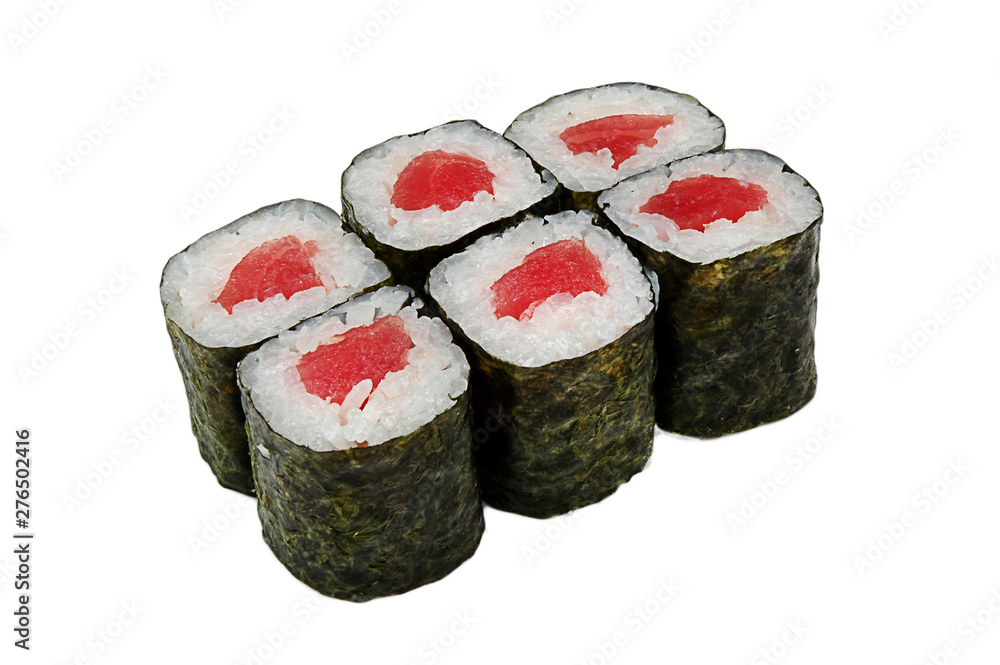 Sushi rolls isolated on white background. Closeup of delicious japanese food sushi roll.