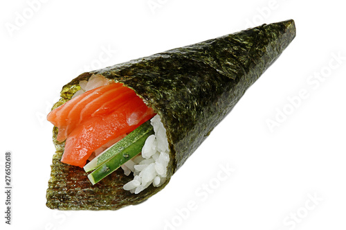Mix of vegetables and seafood. Sushi rolls isolated on white background. Closeup of delicious japanese food sushi roll.