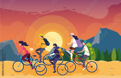 campers in beautiful landscape scene with bicycles