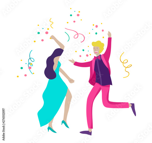 Group of smiling young people or students in evening dresses and tuxedos, happy Jumping and dansing. Prom party, prom night invitation, promenade school dance concept. Vector illustration concept
