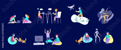 Set of Happy school children performing various activities or hobbies, playing games on computer or console, programming, launching drone, wearing VR headset. Flat cartoon vector illustration