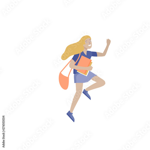 Happy school child joyfully jumping and laughing on background. Concept of happiness, gladness and fun. Vector illustration for banner, poster, website, invitation.