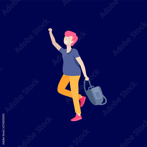 Happy school child joyfully jumping and laughing on background. Concept of happiness, gladness and fun. Vector illustration for banner, poster, website, invitation.