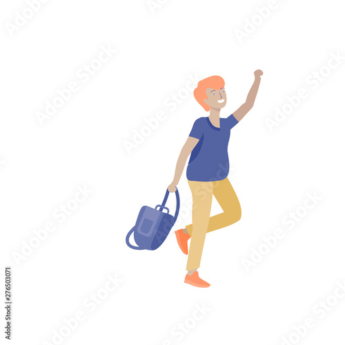 Happy school child joyfully jumping and laughing on background. Concept of happiness, gladness and fun. Vector illustration for banner, poster, website, invitation.