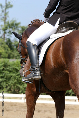 Unknown dressage rider sits on her stallion during race