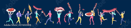 People preparing barbecue. BBQ party. People grilling meat. Conceptual Modern and Trendy colorful vector illustration. Web template.