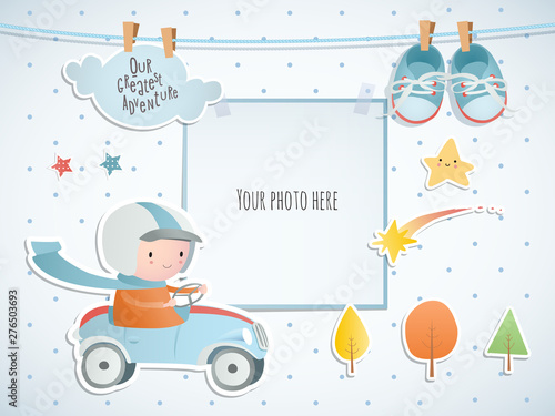 Holiday card design with A boy driving a car. Baby shower. Paper, scrapbook. 