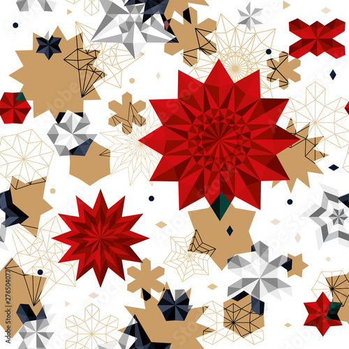 Abstract christmas pattern. Geometric stars or snowflakes on a golden background. Seamless ornament for decor, wallpaper, gift paper and design of New Year's souvenirs