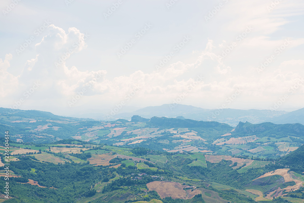 Panoramic view of the local surroundings. San Marino. Italian hills view from above. Panoramic view of the local surroundings. San Marino. Italian hills view from above.