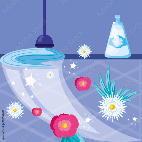 housekeeping tools with mop and flowers