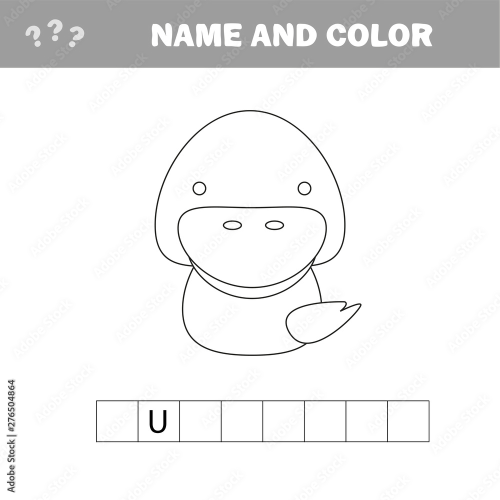 Naklejka premium Name and color - Worksheets for Kids. Educational Game for Preschool Children. Crossword puzzle - Duck.