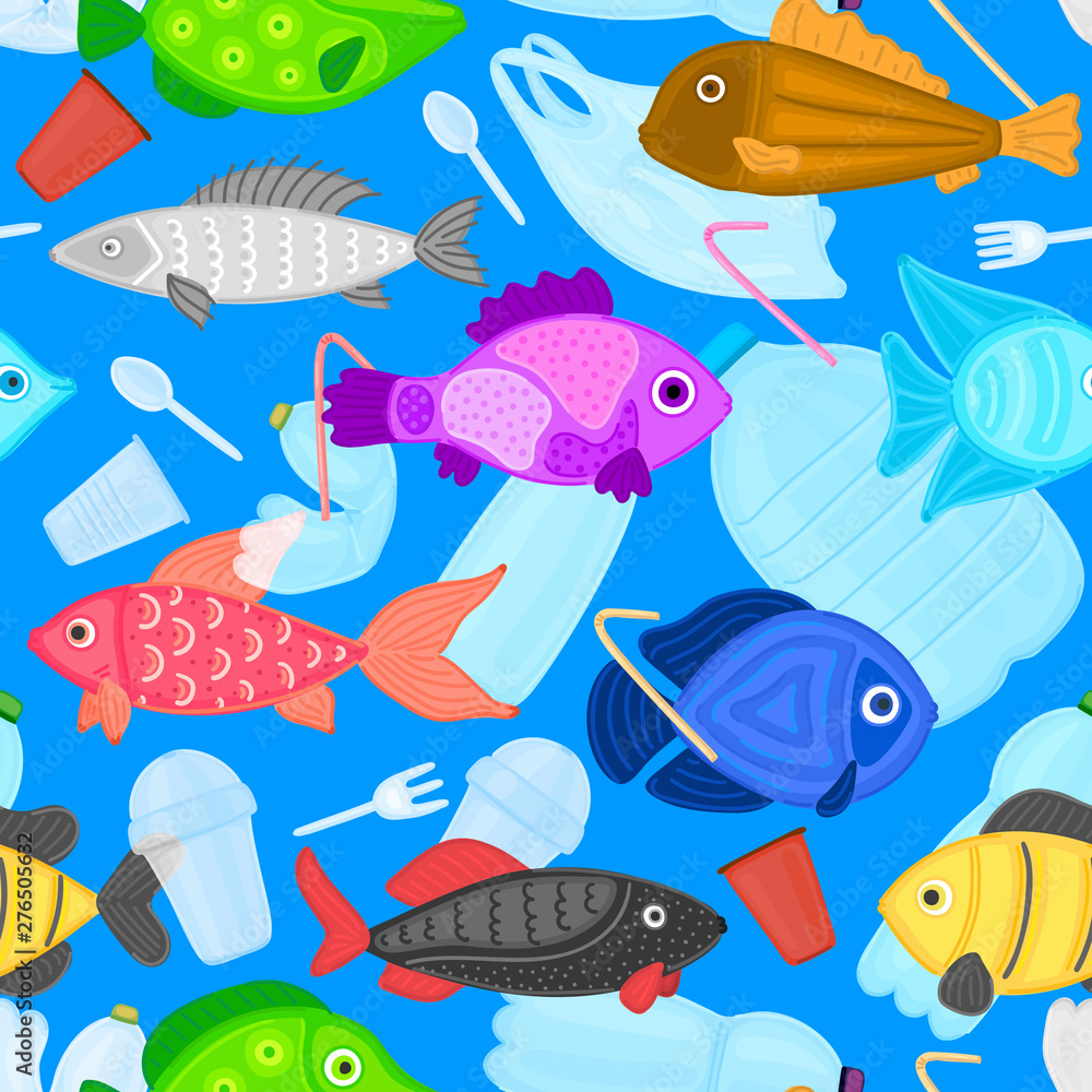 Naklejka premium Vector seamless pattern with fish swims among the garbage. Stop plastic ocean pollution. Marine life under threat. Waste in water. Trash underwater. Environmental Protection. Wrapping, header, poster