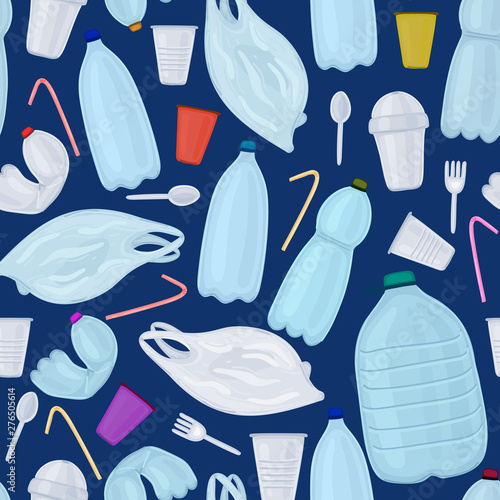 Vector seamless pattern with plastic objects. Stop ocean pollution. Waste in water. Garbage underwater. Environmental Protection. Bottle, plastic cup and bag, disposable tableware. Wrapping, header