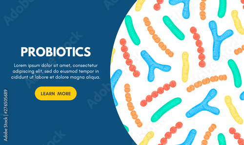 Vector background with probiotics. Bifidobacterium, lactobacillus, streptococcus thermophilus, lactococcus, propionibacterium. Landing page template, banner, mailing, advertising, label, presentation
