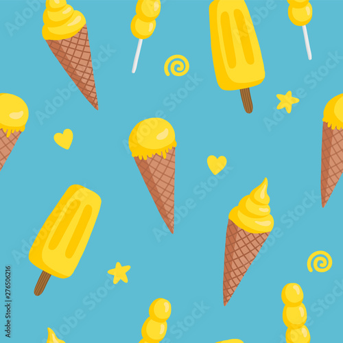 vector seamless pattern with ice cream: fruit ice, sugar cone, soft. Bright summer illustration in the style of hand-drawn flat