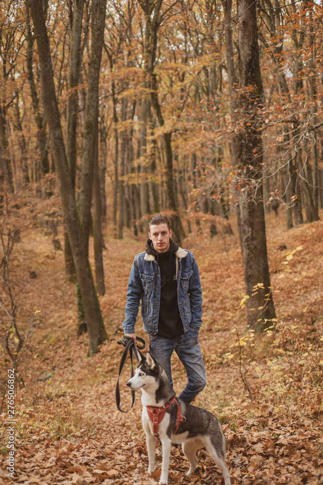 Hipster stylish guy walking with husky dog in autumn forest. Pedigree dog concept. Best friends. Unconditional love. Guy enjoy walk with husky dog. Siberian husky cool pet. Animal husbandry