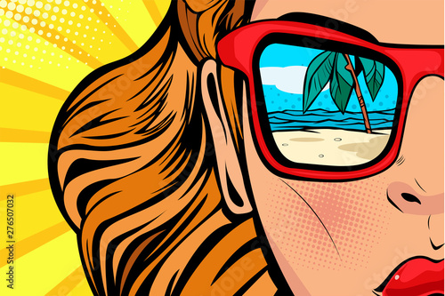 Woman with beach and sea reflection in summer. Girl face for travel shops. Illustration in retro comic style.