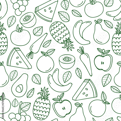 Seamless background with various tropical fruits on white. Vector fruit pattern. - Vector