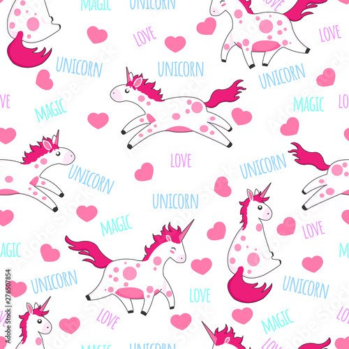 Unicorn with hearts and text unicorn, love and magic hand draw colorful seamless pattern. Repeater background in childish cartoons style. Doodle fond with horses for gift wrap, paper and fabric