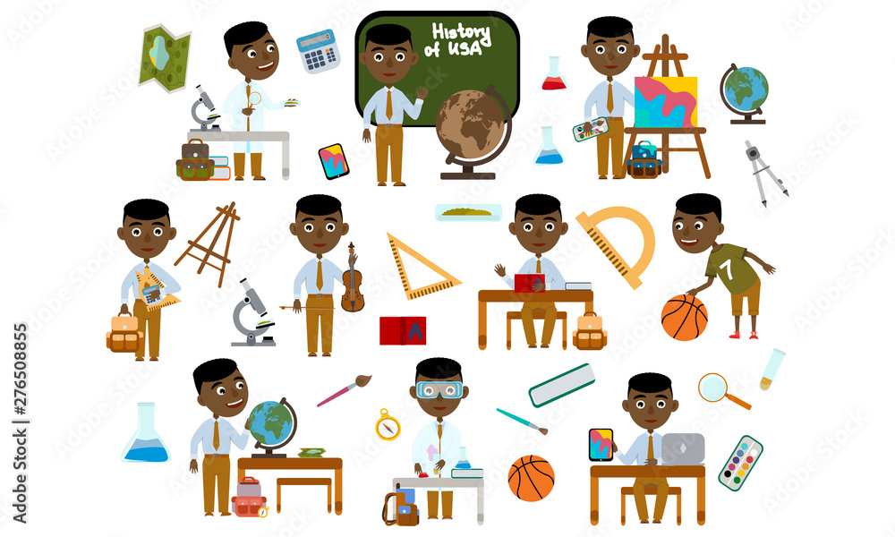Set afro-american black boy. School student in different lessons: science, history, sports, art, maths, English, information technology, music. Conducting experiments. Cute Vector Illustration