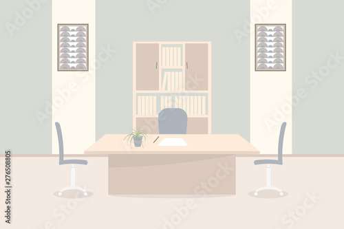 Interior of working place in the office. Vector illustration. Furniture: table, chair, cabinet with folders,paintings,plant in pot,paper,pen. For advertising,sites
