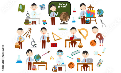 Set Asian boy. School student in different lessons: science, history, sports, art, maths, English, information technology, music. Conducting experiments. Cute Vector Illustration