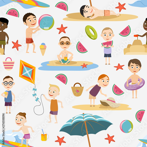 Seamless pattern boy of different races in summer clothes and swimsuits in the summer. Beach relax  games and surfing. Vector illustration