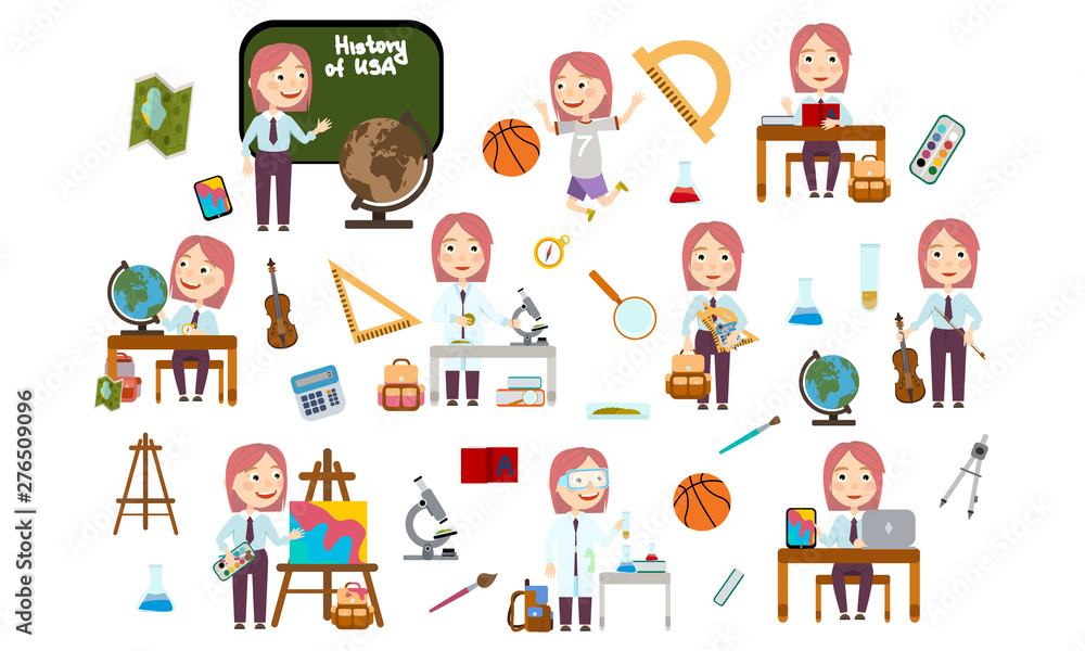 Set girl with fashionable pink hair at school. Student in different lessons: science, history, sports, art, maths, English, information technology, music. Conducting experiments. Vector Illustration Set girl with fashionable pink hair at school. Student in different lessons: science, history, sports, art, maths, English, information technology, music. Conducting experiments. Vector Illustration