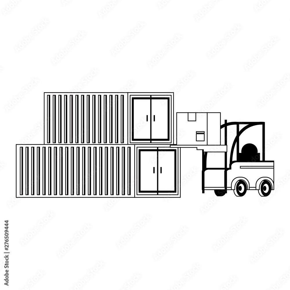 Obraz premium Warehouse and shipping forklift with cargo in black and white