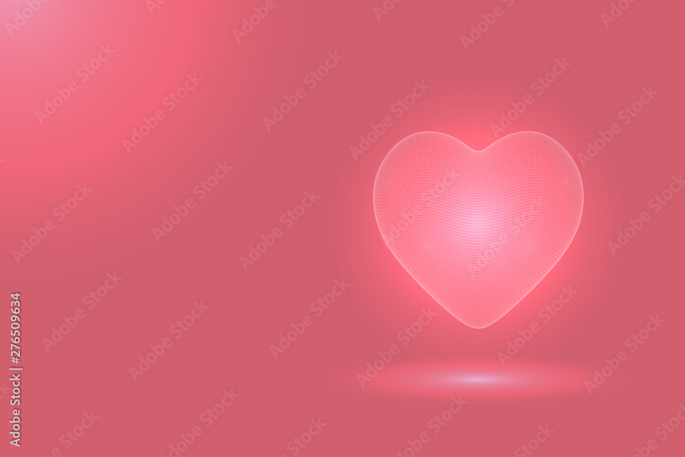 Polygonal pink hearts. Heart glows on a pink background. Virtual love. Glow.
