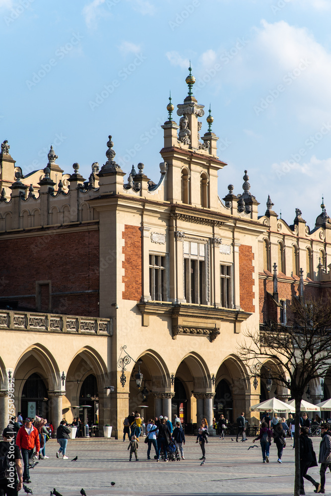 KRAKOW, POLAND -April 2019: The Plac Mariacki in Krakow is one of the most beautiful squares in Poland in Krakow.