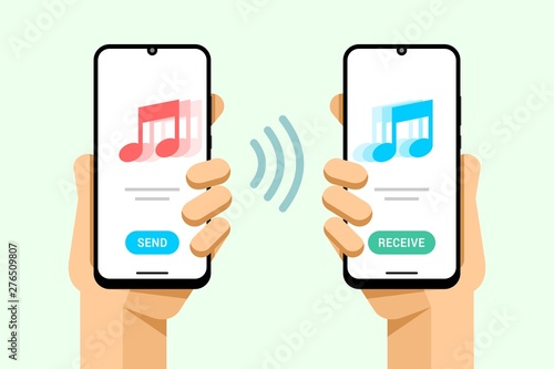 Smartphone mockup in human hand. Send and receive a music track file from phone to phone. Vector colorful technology illustration