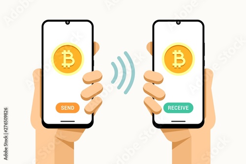 Smartphone mockup in human hand. Send and receive bitcoin money operation from crypto wallet. Vector colorful technology illustration
