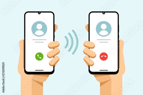 Smartphone mockup in human hand. Accept and decline the phone call. Call from phone to phone. Vector colorful technology illustration