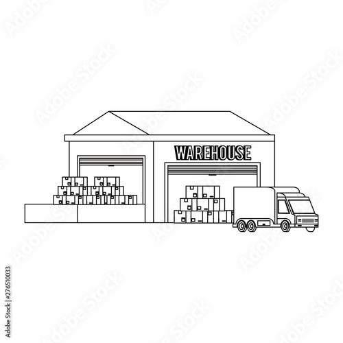 Warehouse storage building with merchandise in black and white