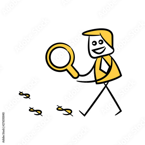 businessman using magnifier tracking money yellow stick figure theme