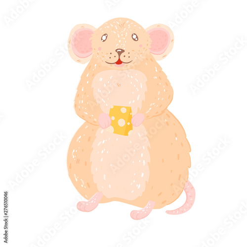 Funny and cute mouse standing and holding a cheese - vector.The rat is the symbol of 2020. Happy New Year. Chinese calendar