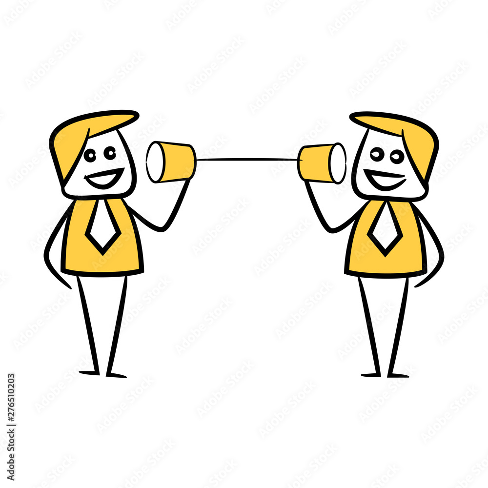 businessman talking with can phone for communication concept yellow stick figure theme