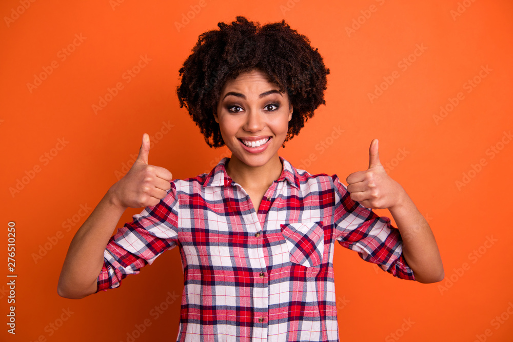 Portrait of funny funky youth have ads choose decide promo promotion feel cheerfuil wear checked shirt clothing isolated orange background Portrait of funny funky youth have ads choose decide promo promotion feel cheerfuil wear checked shirt clothing isolated orange background
