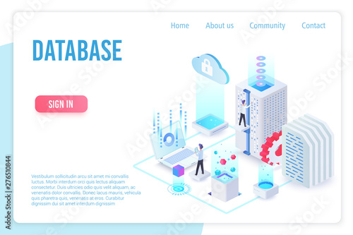 Database landing page isometric vector template. Internet of things, data server storage 3d web banner. Wireless technologies, telecommunication. Cloud computing service website homepage layout.