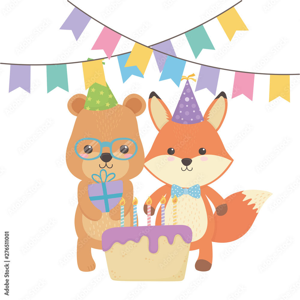Animals cartoons with happy birthday icon design