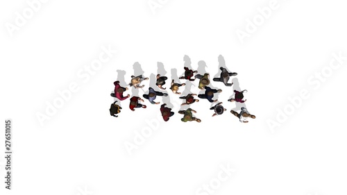 a little group of people is walking in one direction - top view - isolated on white background