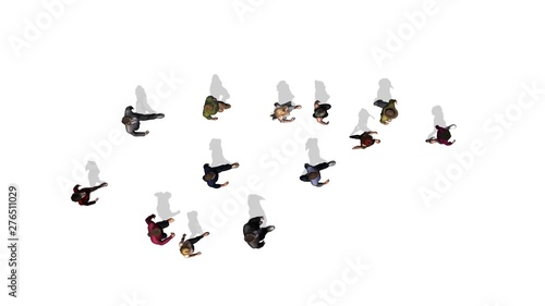 several single people is walking in one direction - top view - isolated on white background