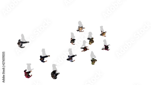 Fotografie several single people is walking in one direction - top view - isolated on white