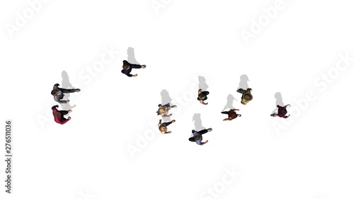 several single people is walking in one direction - top view - isolated on white background