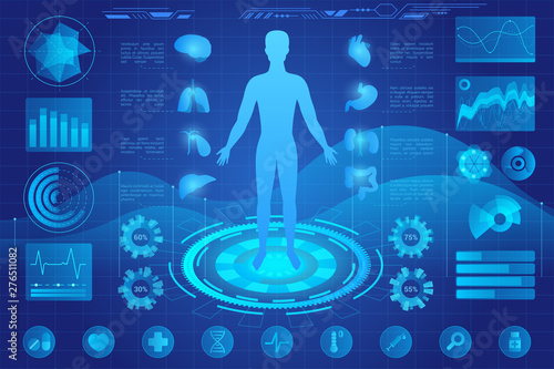 Human anatomy medical hologram vector illustration. Patient internal organs screening ar interface. Person medical condition hud ui. Diagrams, pie chart infographics. Medicine and healthcare icons