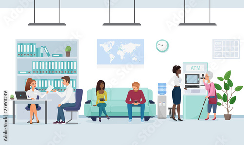 People in bank flat vector illustration. Customer talking with banker, getting loan, credit cartoon characters. Secretary helping senior lady with ATM money withdrawal. Bank office waiting room