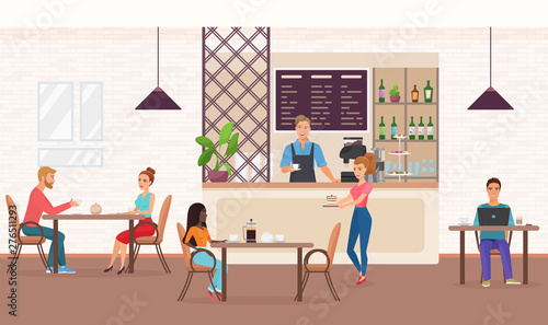 Fototapeta Naklejka Na Ścianę i Meble -  People in cafe flat vector illustration. Girlfriends meeting in restaurant, eating cake. Couple sitting at table, talking and drinking tea. Man working, coffee shop barista standing at counter