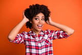 Close-up portrait of her she nice attractive cheerful cheery feminine wavy-haired lady hairdresser touching fixing new haircut isolated on bright vivid shine orange background