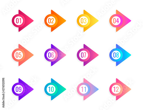 Super set arrow bullet point triangle flags on white background. Colorful gradient markers with number from 1 to 12. Modern vector illustration